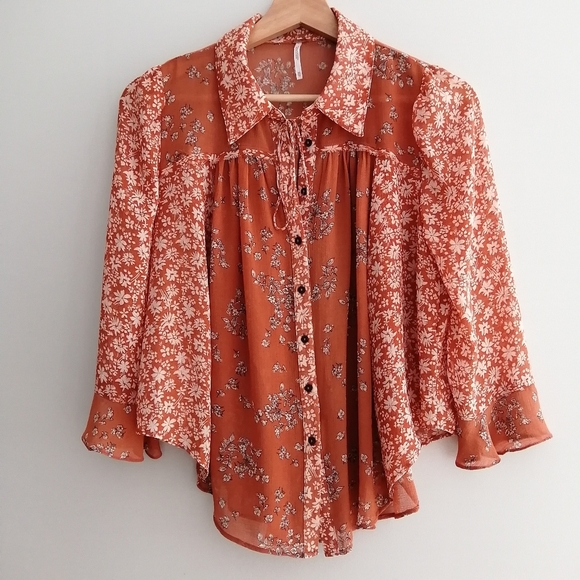 Free People Serena Orange Floral Button Up Semi Sheer Blouse Oversize XS - Picture 2 of 13